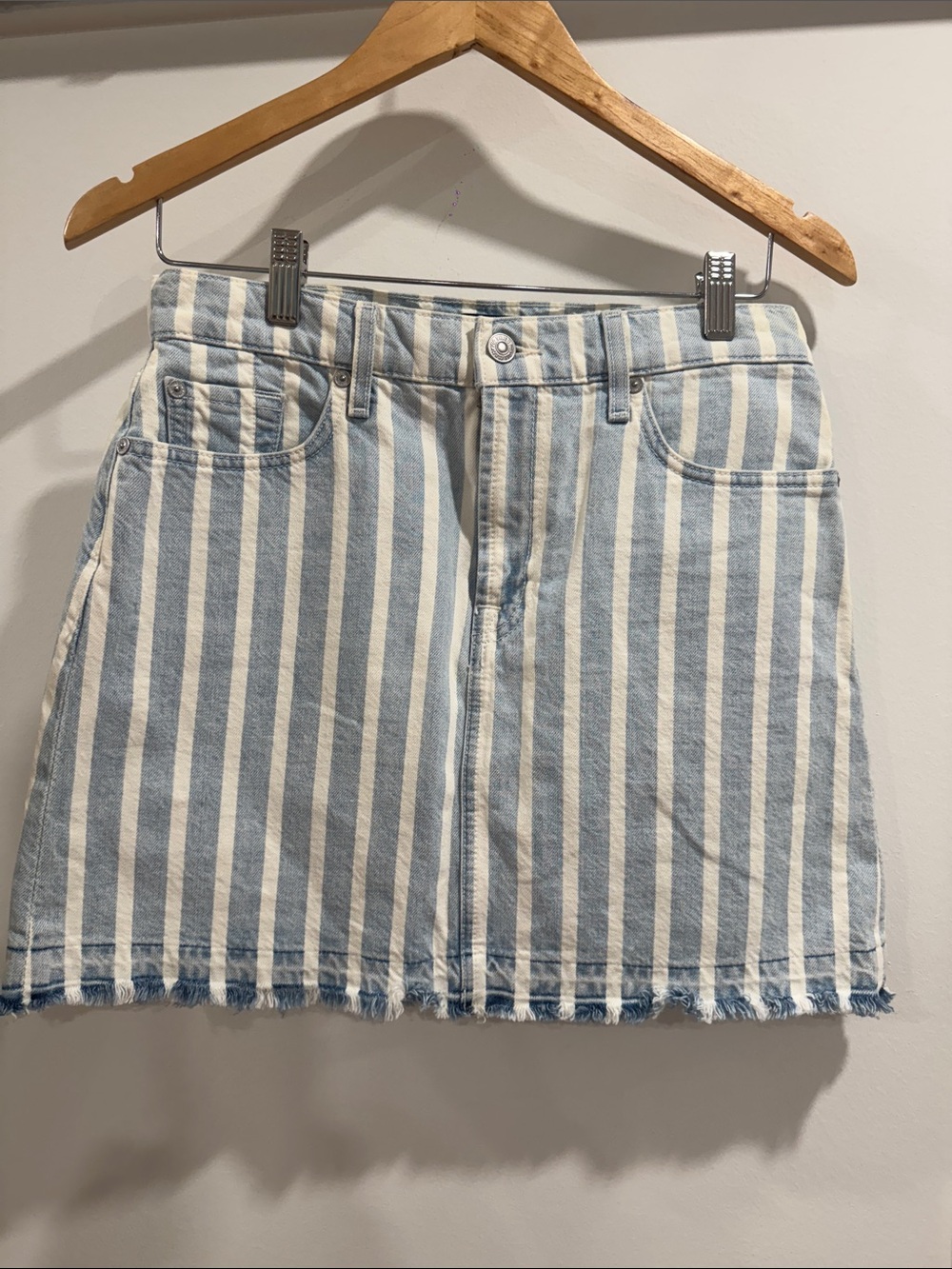 7 For All Mankind Blue and White Striped Denim Mini Skirt